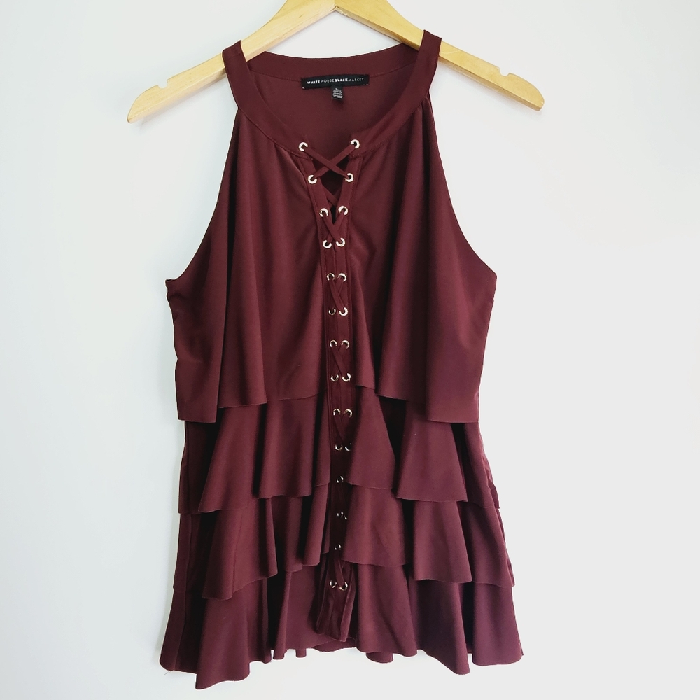 WHBM Burgundy Ruffle Layer Strap Lace Up Sleeveless Blouse L